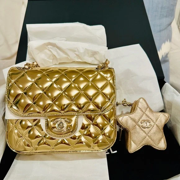 Chanel Gold Metallic FLAP BAG STAR COIN PURSE